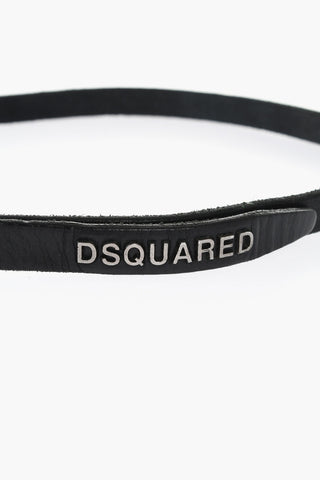 Leather Skinny Belt with Silver-Tone Metal Logo 15mm