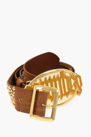 Leather Belt Embellished with Gold Studs and Gothic Dsquared Buckle 40mm