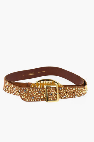 Leather Belt Embellished with Gold Studs and Gothic Dsquared Buckle 40mm