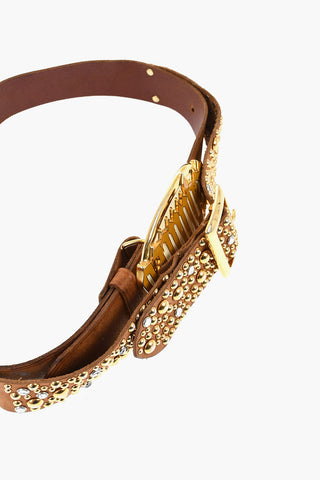 Leather Belt Embellished with Gold Studs and Gothic Dsquared Buckle 40mm