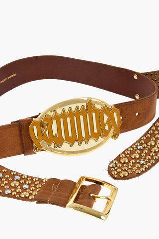 Leather Belt Embellished with Gold Studs and Gothic Dsquared Buckle 40mm