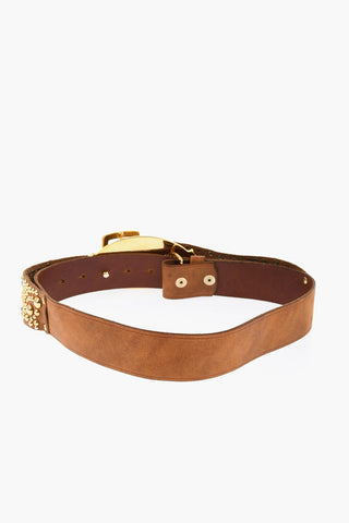 Leather Belt Embellished with Gold Studs and Gothic Dsquared Buckle 40mm