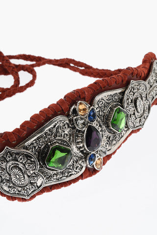 Suede and Metal Wide Belt DREAMCATCHER Embellished with Crystals 10cm