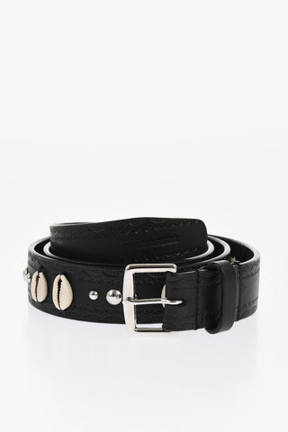 Cintura in Pelle Impreziosita da Borchie e Conchiglie 30mm