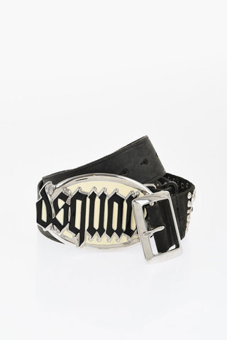 Leather Belt Embellished with Studs and Double Buckle 40mm