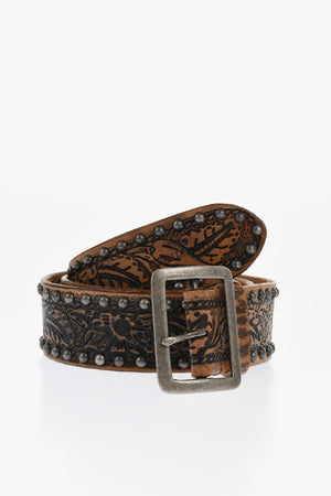 Leather Belt with Studs and Floral Pattern 40mm