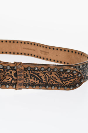 Leather Belt with Studs and Floral Pattern 40mm