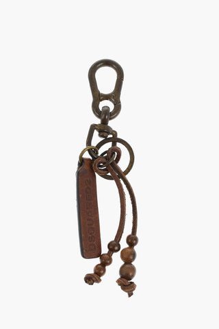 Keyring with Logoed Leather Pendant and Wooden Beads