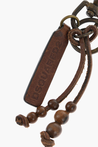 Keyring with Logoed Leather Pendant and Wooden Beads