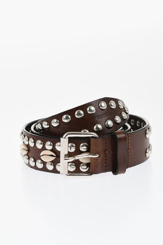 Leather Belt Embellished with Studs and Shells 35mm