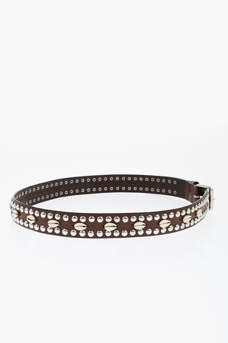 Leather Belt Embellished with Studs and Shells 35mm