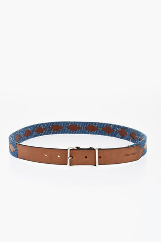 Cintura in Pelle con Rifiniture in Denim 30mm