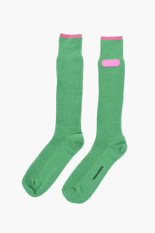 Ribbed Wool Blend Long Socks with Embossed Logo