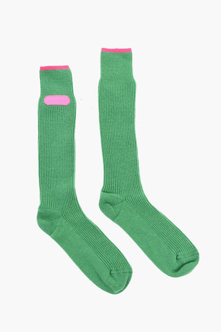 Ribbed Wool Blend Long Socks with Embossed Logo