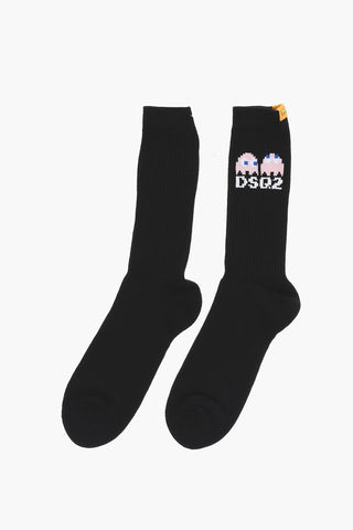 Cotton-and-Nylon Long Socks PAC-MAN with Rib Detail