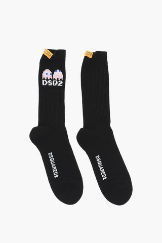 Cotton-and-Nylon Long Socks PAC-MAN with Rib Detail
