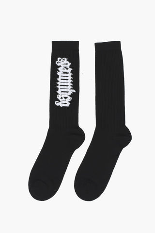 Long Ribbed Socks With Logo In Gothic Print