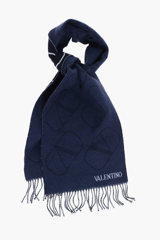 Virgin Wool and Cashmere Scarf with All-Over Monogram and Fringes