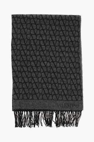 Virgin Wool and Cashmere Scarf with All-Over Monogram and Fringes