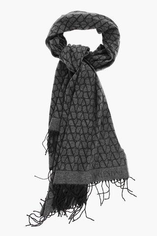 Virgin Wool and Cashmere Scarf with All-Over Monogram and Fringes