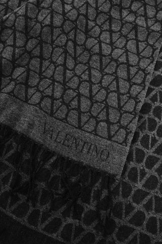 Virgin Wool and Cashmere Scarf with All-Over Monogram and Fringes