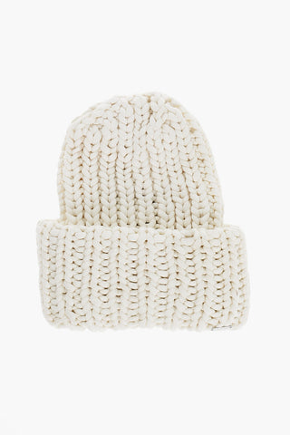 Solid Color Cable Knit Beanie with Silver-Tone Logo