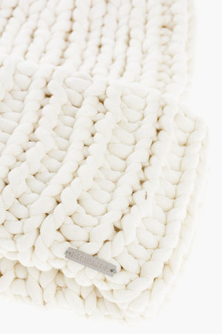 Solid Color Cable Knit Beanie with Silver-Tone Logo