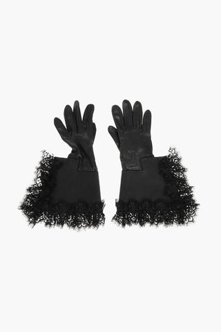 Solid Leather Gloves with Lace Trim