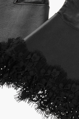 Solid Leather Gloves with Lace Trim