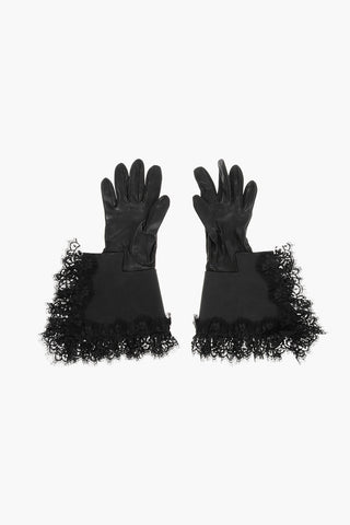 Solid Leather Gloves with Lace Trim