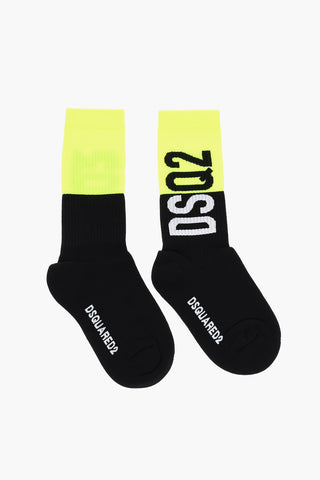 Two-Tone Ribbed Mid-Crew Socks with Fluorescent Detail