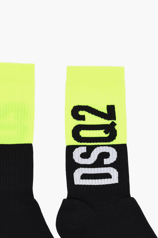 Two-Tone Ribbed Mid-Crew Socks with Fluorescent Detail