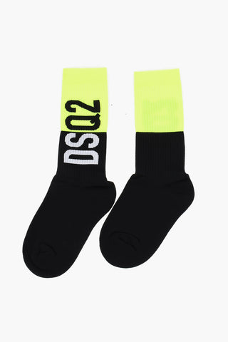 Two-Tone Ribbed Mid-Crew Socks with Fluorescent Detail