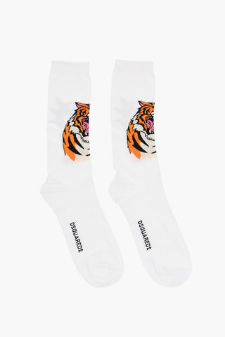 Solid Color Mid-Crew Socks with Tiger Embroidery