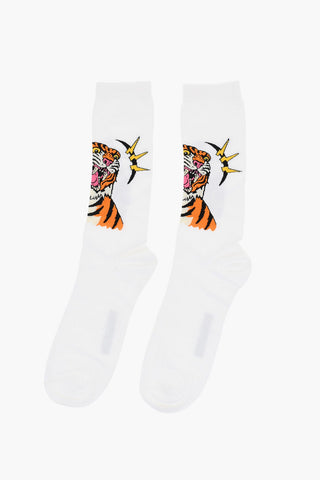 Solid Color Mid-Crew Socks with Tiger Embroidery