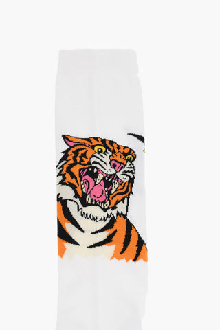 Solid Color Mid-Crew Socks with Tiger Embroidery