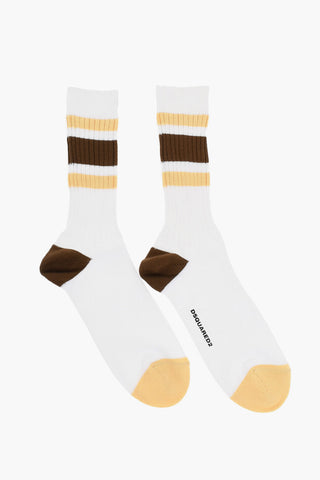 Ribbed mid-Crew Socks with Striped Details