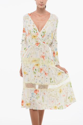 Vestito Plissé Floreale con Dettagli Pizzo