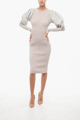 Vestito Midi a Costine con Maniche a Palloncino