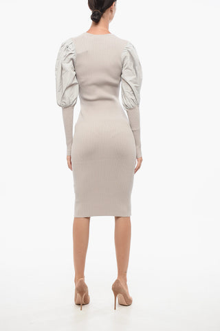 Vestito Midi a Costine con Maniche a Palloncino