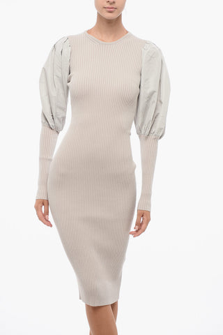 Vestito Midi a Costine con Maniche a Palloncino
