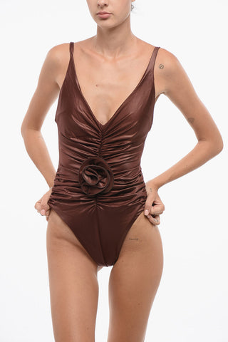 One-Piece Swimsuit with Ruching and Floral Detail