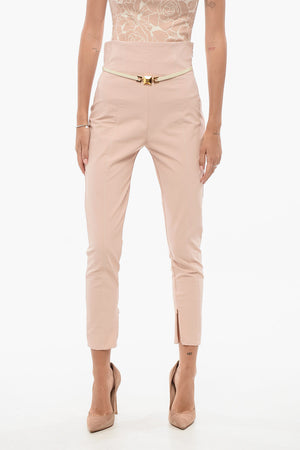 Cropped Fit Stretch Fabric Trousers with Belt
