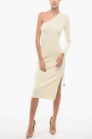 One-Shoulder Knitted Sheath Dress with Lace-up Detail