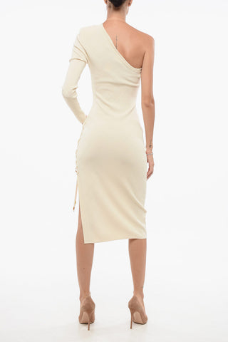 One-Shoulder Knitted Sheath Dress with Lace-up Detail