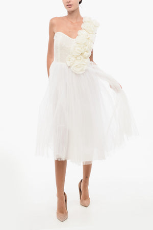 Tulle Flared Midi Dress with Appliqué Flowers