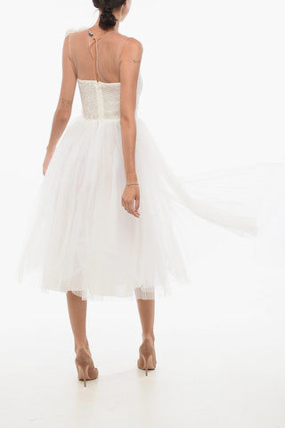 Tulle Flared Midi Dress with Appliqué Flowers