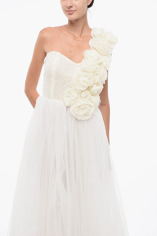 Tulle Flared Midi Dress with Appliqué Flowers