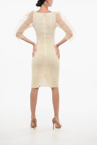 Draped Tulle Sheath Dress with 3/4 Sleeves