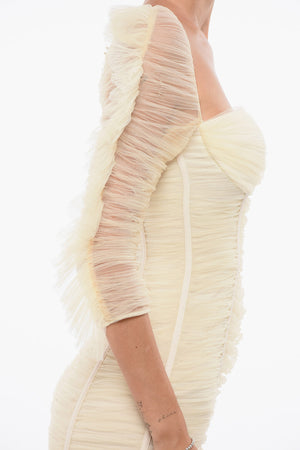 Tubino in Tulle Drappeggiato con Maniche 3/4